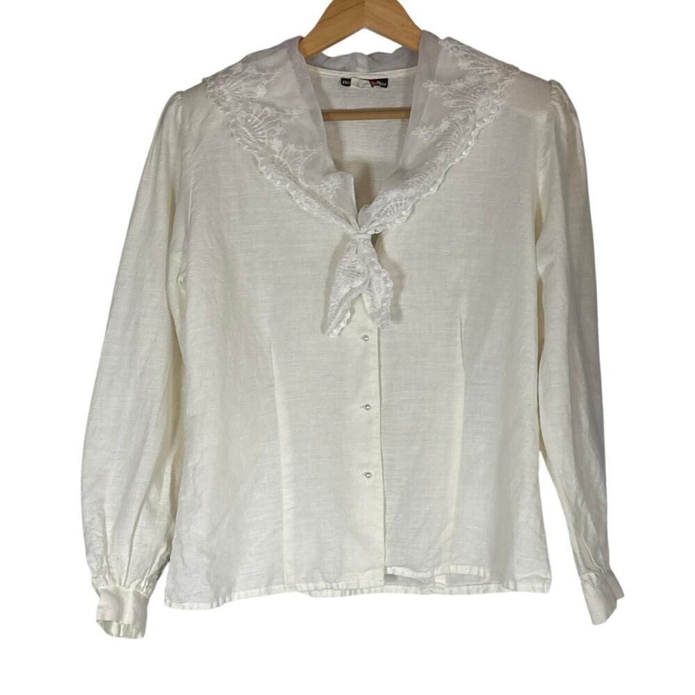 Vintage Cream Blouse Lace Collar Victoria Cottagecore Womens Medium Long Sleeve - Picture 2 of 9